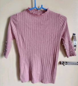 Pink Ribbed Knit Top with Pearl Details
