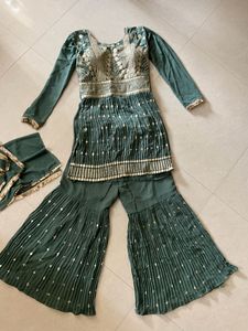 Emerald Green Sharara Set With Sequinned Kurti