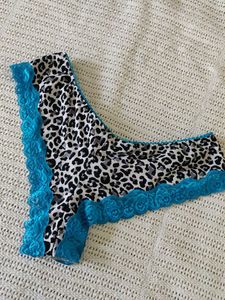 Leopard Print Thong with Blue Lace Trim