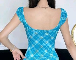 Blue Plaid Square Neck Top