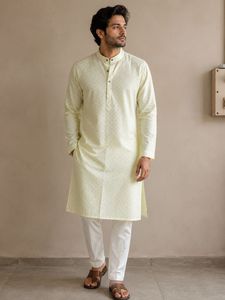 Men's Light Yellow Printed Kurta