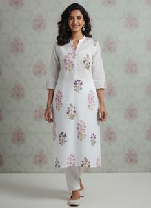 White Cotton Kurta with Floral Print