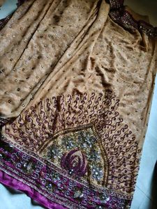 Embellished Beige Saree with Purple Border