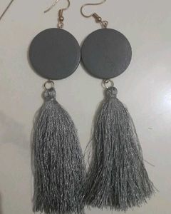 Grey Tassel Hoop Earrings
