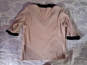 Beige Ribbed V-Neck Top with Black Trim