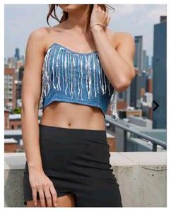 shein Denim Beaded Fringe Tube Top