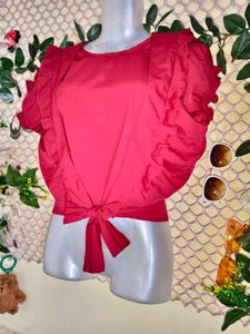 Chic Red Ruffle Tie-Front Top