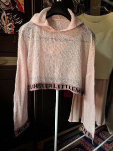 Baby Pink Knitted Cropped Hoodie