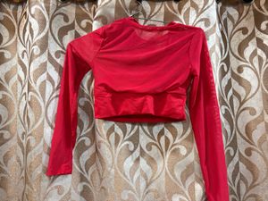 Red Mesh Long Sleeve Crop Top