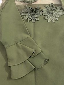 Green Ruffled Sleeve Top with Floral Detail