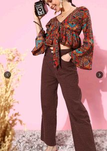 Boho Print Tie-Front Bell Sleeve Top