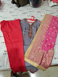 Embellished Grey Suit set with banarasi Dupatta