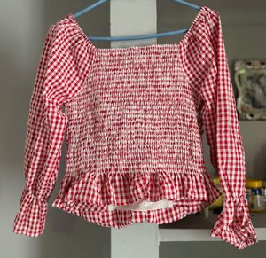 Red Gingham Ruched Button-Up Top