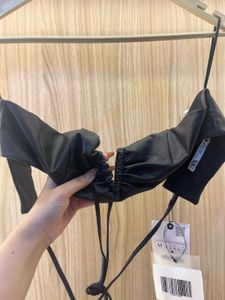 ZARA Black Faux Leather Ruched Crop Top