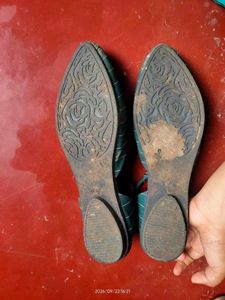 Stylish Teal Striped Flats with Ankle Strap