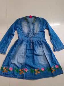 Denim Dress with Floral Embroidery