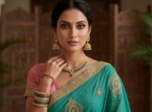 Beautiful Teal and Pink Embroidered Saree
