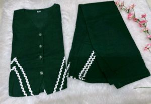 Green Kurta Set with White Trim