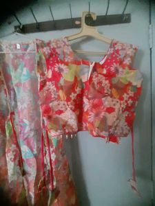 Floral Embroidered pink crop top with plazzo