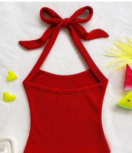 Brand New Red Ribbed Halter Bikini Top