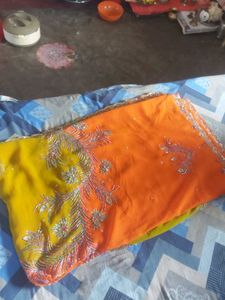 Embroidered Orange &amp; Yellow Saree