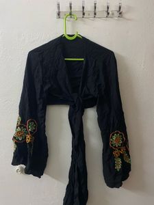 Embroidered Black Crop Top