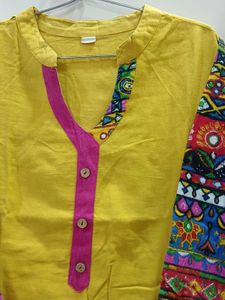Yellow Embroidered Print Kurti