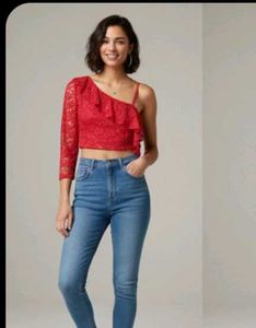 Red Lace One-Shoulder Top
