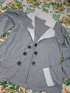 Gray Double-Breasted Blazer with Polka Dot Accents