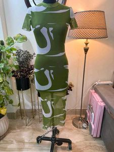 Green Abstract Print Midi Dress