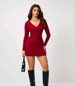 Wine Red Ribbed Bodycon Mini Dress | Full Sleeve