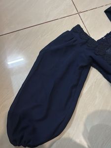 Navy Blue Square Neck Puff Sleeve Top With Embroid