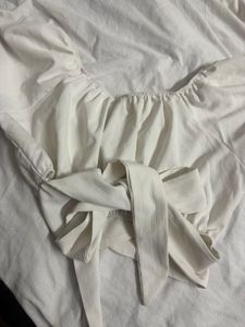 White Ruched Crop Tie-Back Puff Sleeves