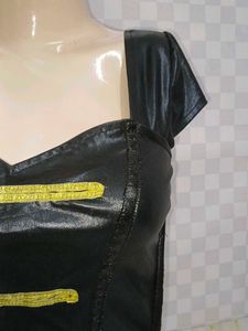 (1126)Black &amp; Gold Faux Leather Corset Top