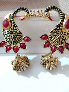 Peacock Design Earrings with Red Stones