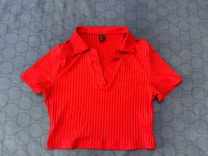 Vibrant Red Ribbed Polo Top