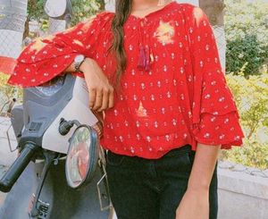 Red Floral Print Bell Sleeve Top