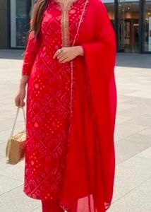 Vibrant Red Bandhani Kurta Set with Dupatta