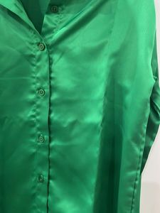 Vibrant Green Satin Button-Up Shirt