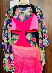 Chic Pink Lace Bikini Set with Floral Cover-up