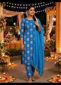 Vibrant Blue Printed Kurta Set with Dupatta
