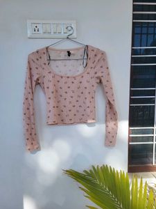 H&amp;M Picot Trimmed Ribbed Top Peach/S