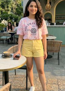 Yellow Denim Shorts with Lace Detail
