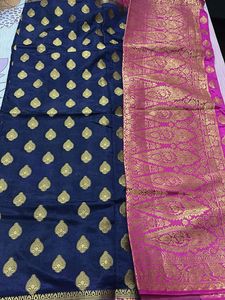Elegant Navy Blue Saree with Pink Border