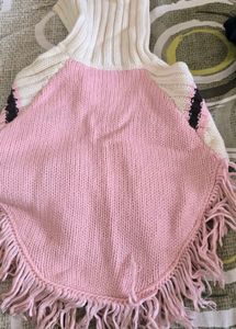 Cute Pink Knit Poncho with Fringe