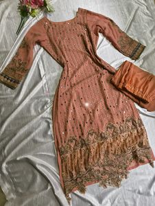 ✨Beautiful Peach Mirror Work Dress✨