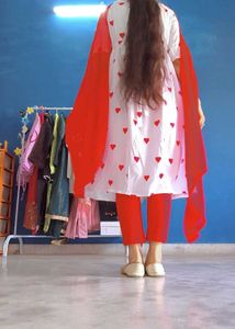 White frock Set with Red Hearts duppta trouser