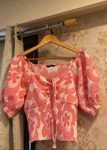 Pink Floral Smocked Tie-Up Crop Top