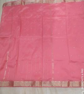 Coral Pink Silk Saree with Silver Border