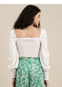 BERSHKA White Smocked Blouse with Puff Sleeves